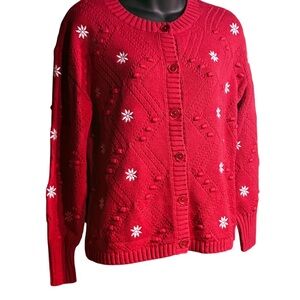 Talbots Embroidered Bobble Cardigan Sweater red white small button women’s